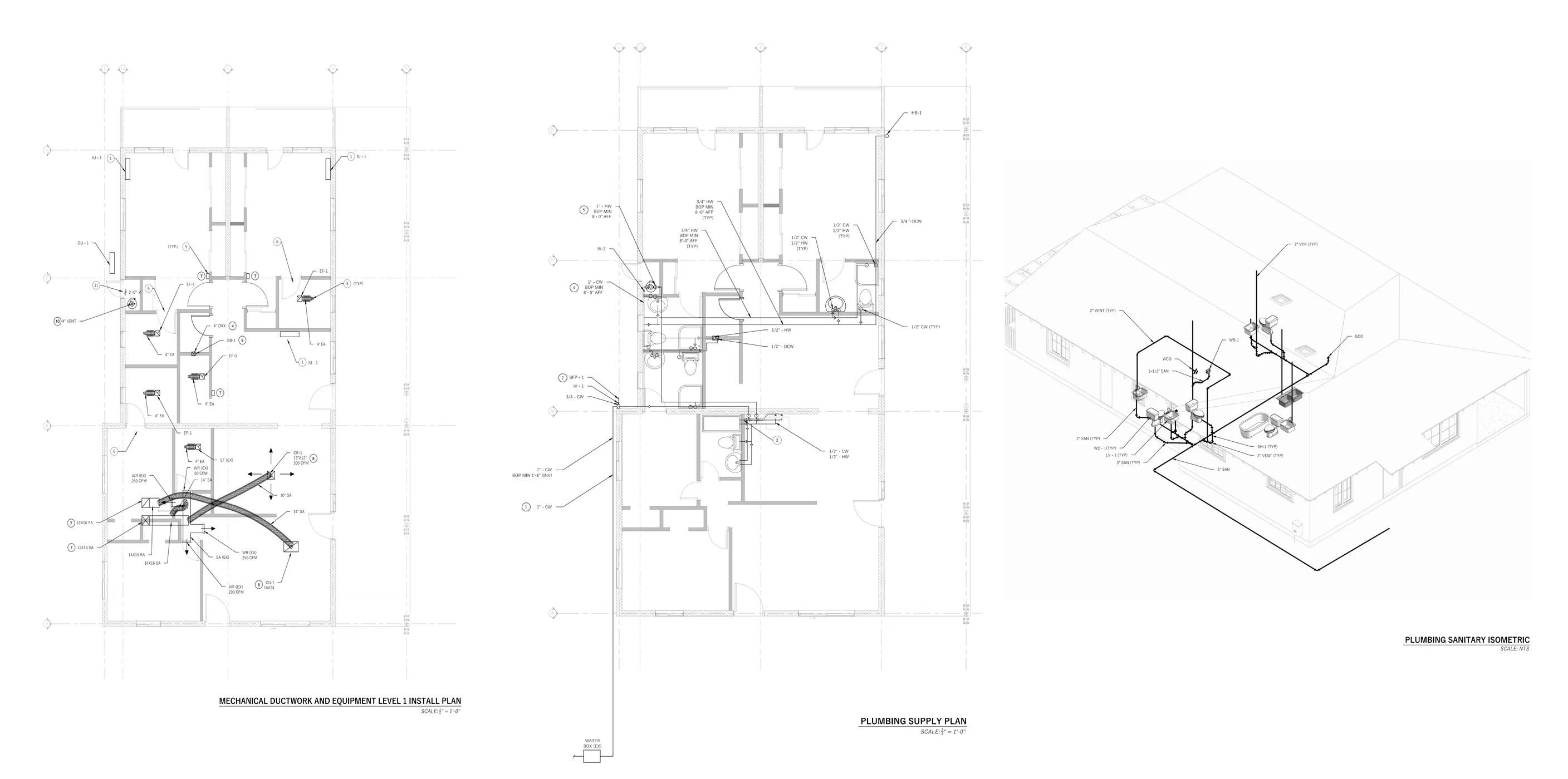 Soper Engineering construction drawings: mechanical install plan, plumbing supply plan, and plumbing sanitary isometric