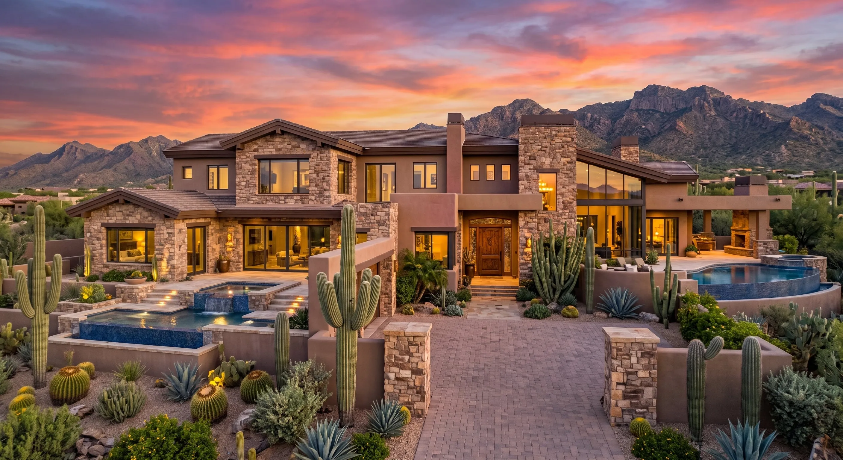 Luxury desert home at sunset with mountain backdrop
